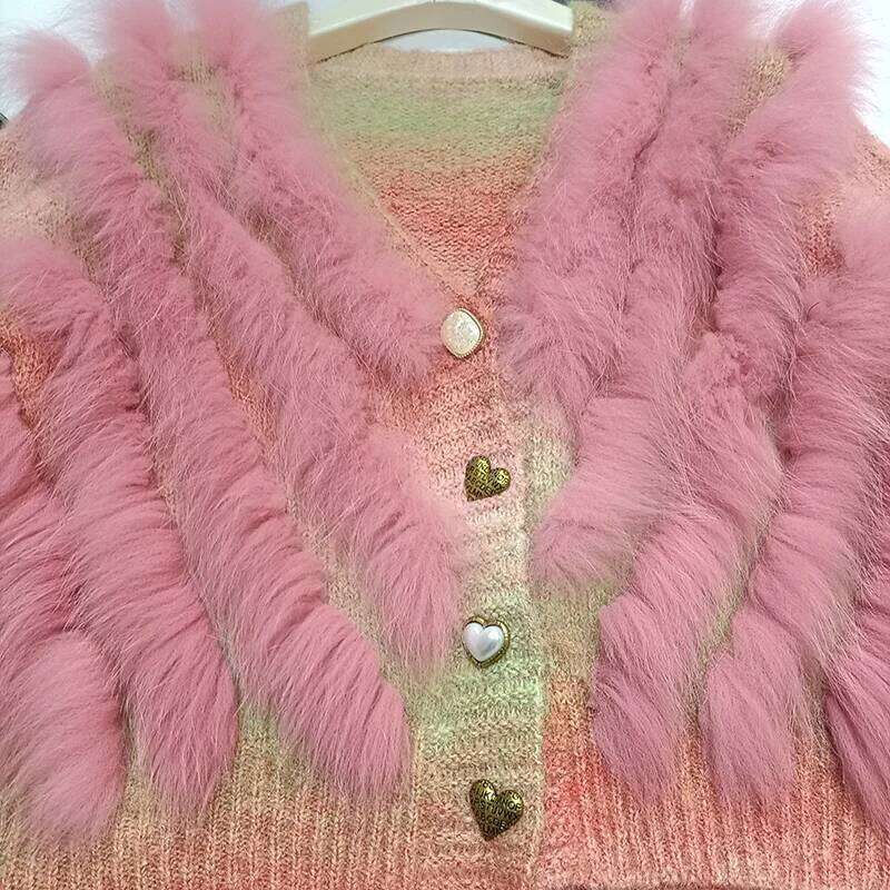 2025 Women Autumn Short Trim Knitted Cardigans Button Real Fox Striped Coat Outwear Female Sweater With Fur