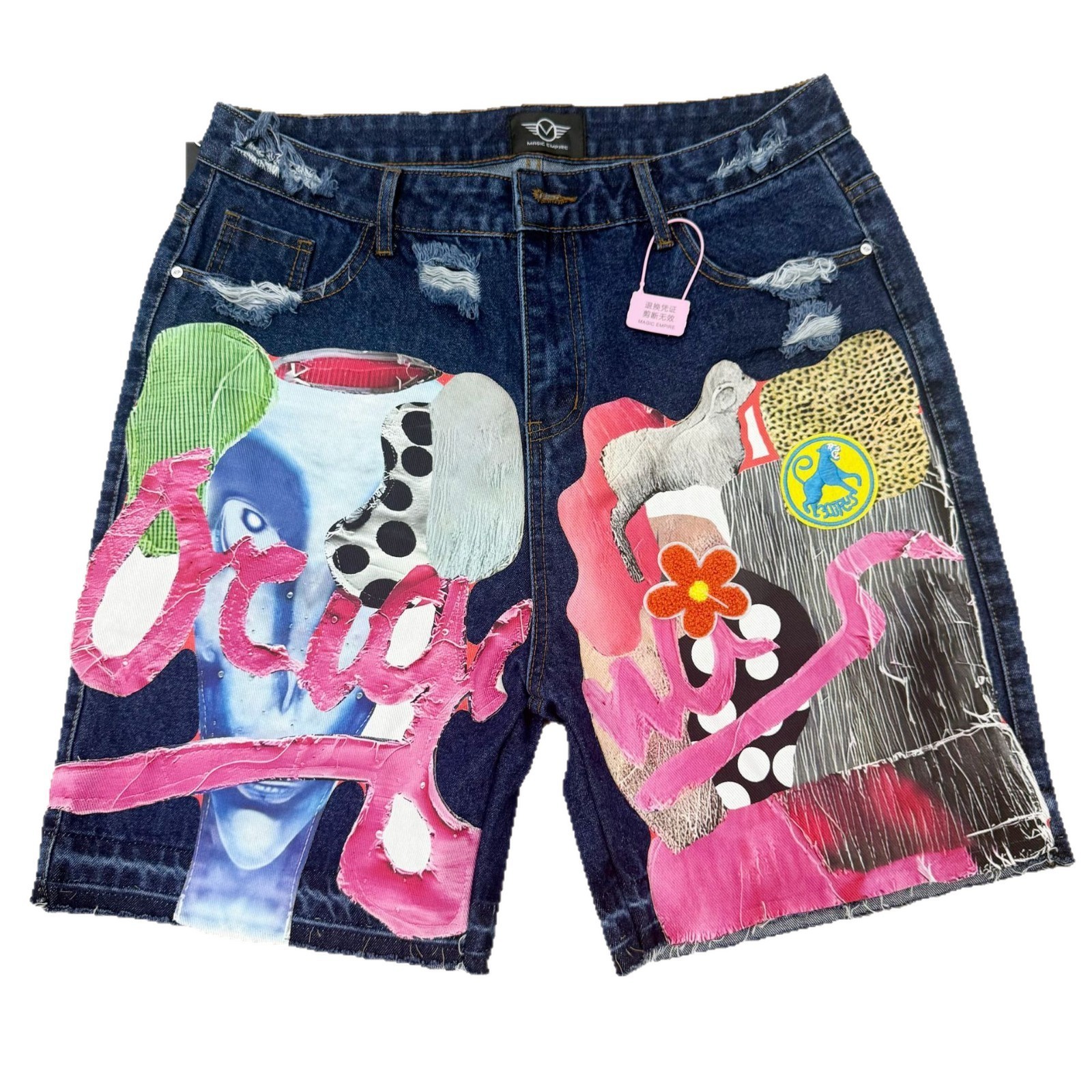 Gothic punk skull letter pattern patch work shorts mens Y2k streetwear pants hip-hop fashion denim shorts summer s 250402