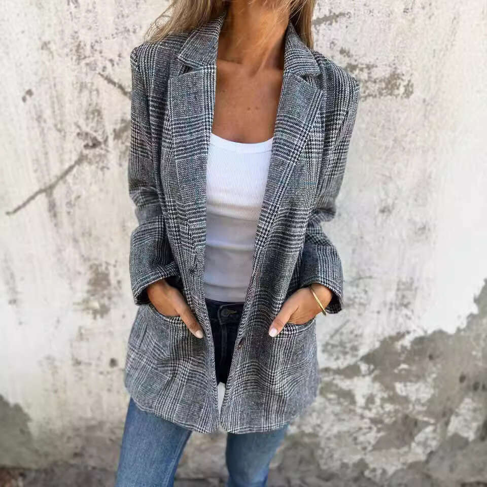 2025 Cross-Border European and American Autumn Winter Coat Women's Casual Retro Houndstooth Lapel Blazer Versatile