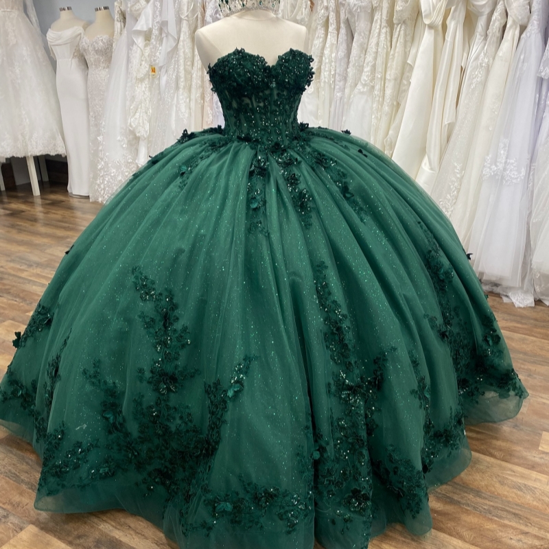 Black Green Shiny Quinceanera Dresses Off The Shoulder Applique Lace Beading Crystal Bow Corset Tull Party Birthday Sweet 16 Dress Vestidos 15 De Anos