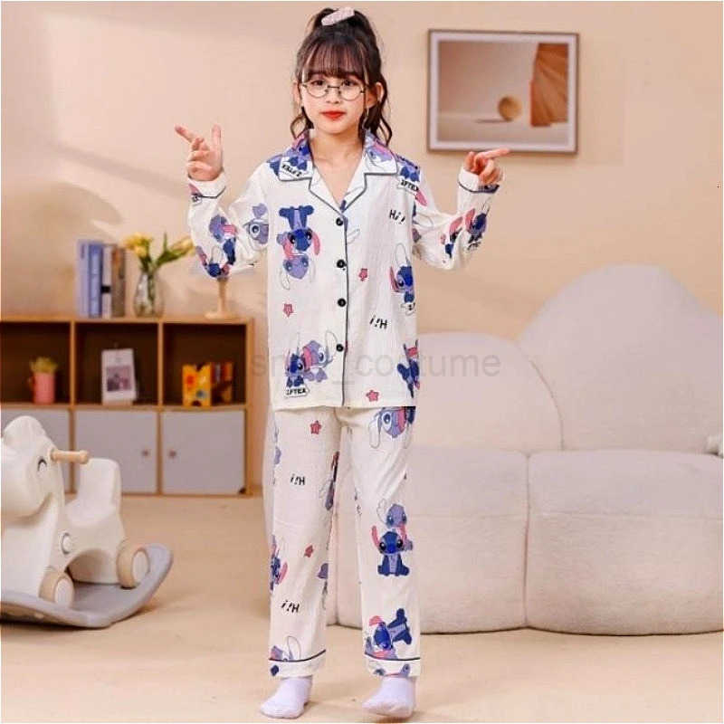 Disney LiloStitch Long Sleeved Pajamas Set Anime Cartoon Characters Stitch Printed Accessories Kawaii Childrens Home Clothing H250926
