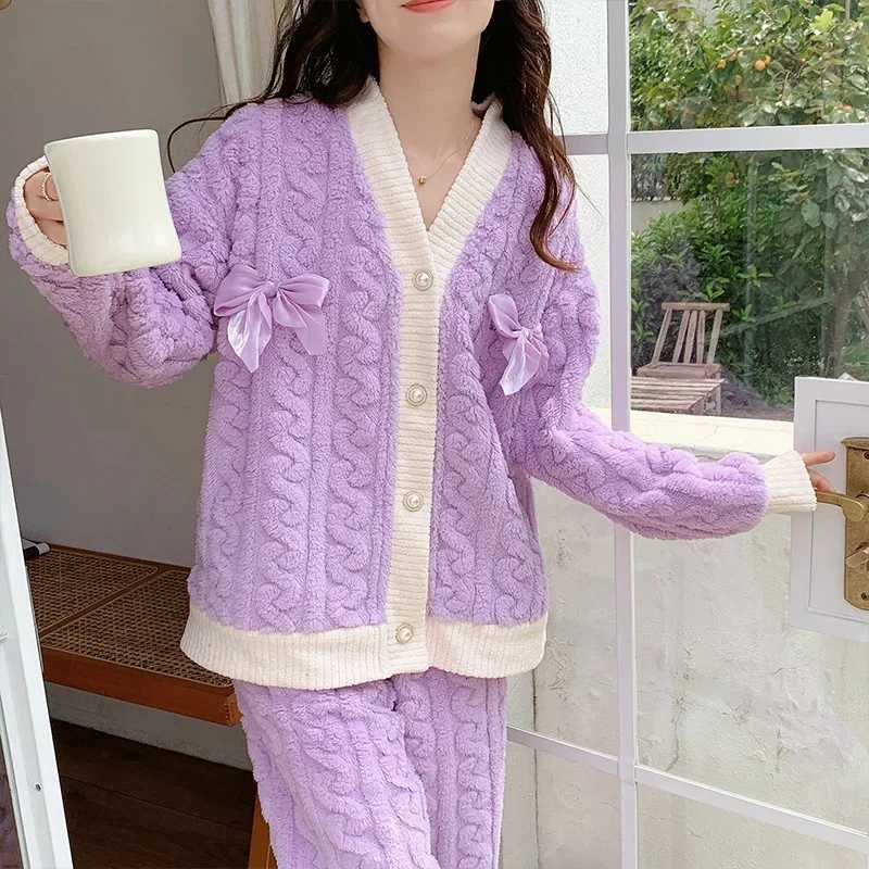 Autumnwinter New Coral Velvet Sleepwear Womens Cardigan Thickened Flanelle Homewear Cute Sweet Outer Wear 2piece Set Z250925