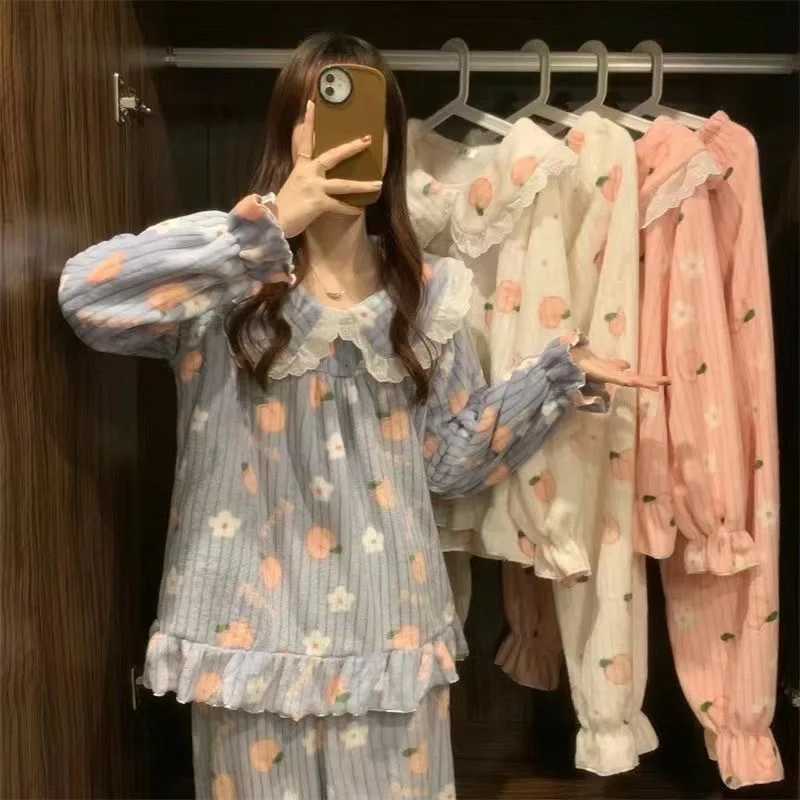 Cartoon Women Pyjamas Warm Flannel Sleepwear Pajama Sets Girl Pijama Set Suit Pant Home Korean Peach Sleep Lace Sleepwear Z250925