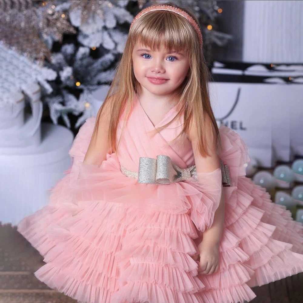 Summer Pink Tulle Girl Party Dresses Vestidos Fluffy Bow Birthday Princess Flower Girls Dress For Kids Wedding Children Clothing Z250926