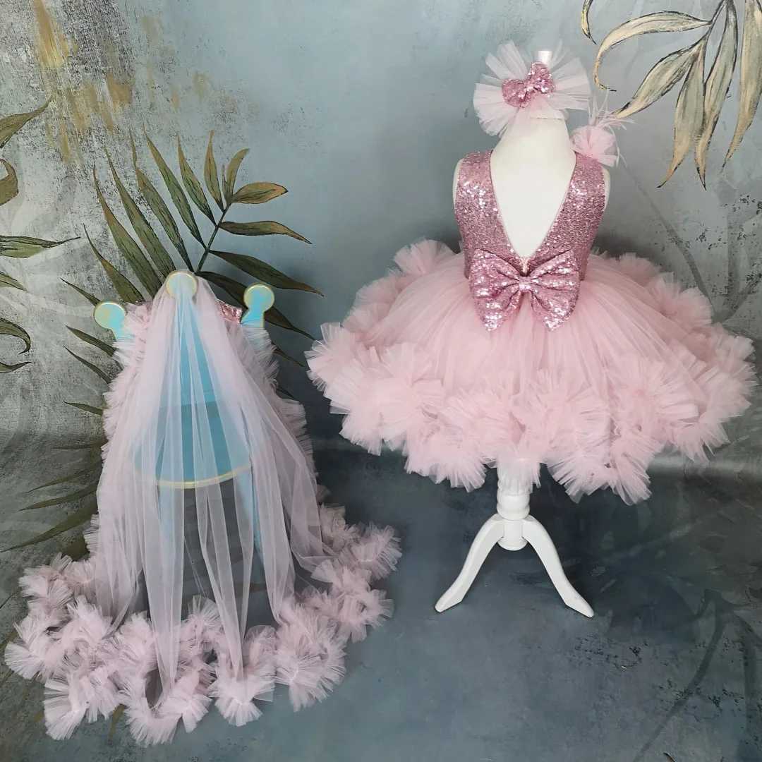 Customized Pink Flower Girl Dress Tulle Puffy Tiered Sequin With Bow And Trailing For Wedding Birthday Prom Party Banquet Gown Z250926
