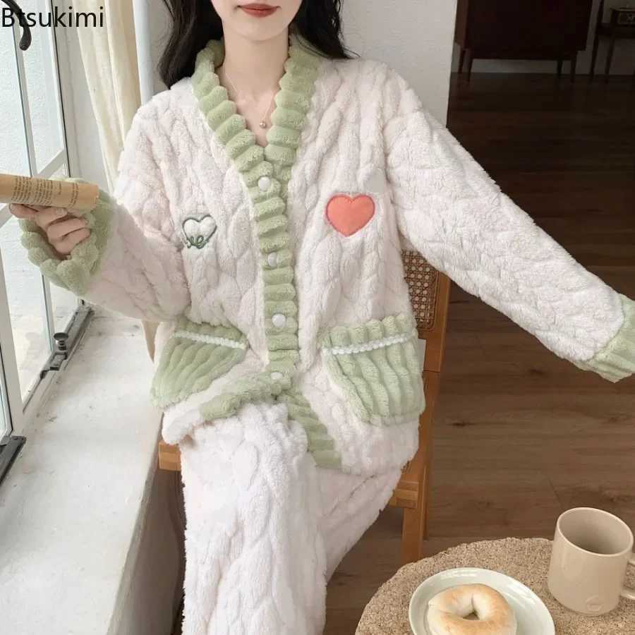 New 2025 Womens Coral Fleece Pajama Sets Autumn Winter Soft Padded Thickened Warm Homewear 2pcs Set Sweet Lounge Sleepwear Suit Z250925