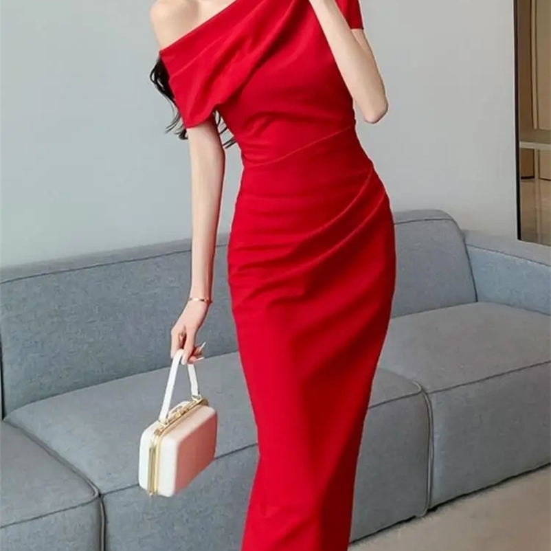Elegant Off Shoulder Evening Party Dresses Women Summer Fashion Slim One Piece Solid Vestidos Korean Graduation Robe Clothing 240824