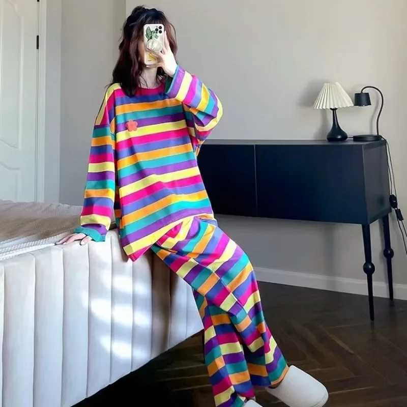 100KG Plus Size Korean Long Sleeved Pajamas Set Women Autumn Student Girls Rainbow Loungewear Can Be Worn Outside Loose Clothes Z250925