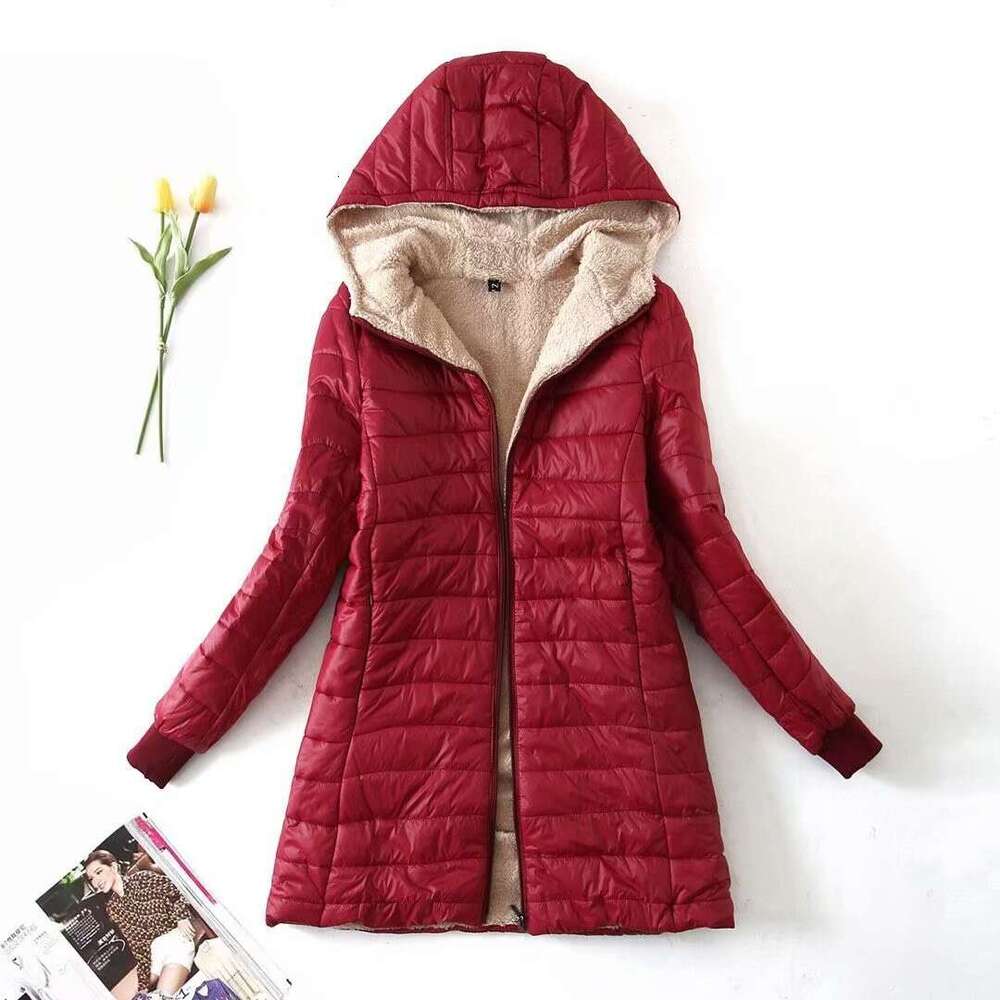 Autumn Winter New Fleece-Lined Hooded Jacket for Women, European and American Style, Student Lamb Wool Coat, Mid-Length Cotton Jacket, Small Trendy Co