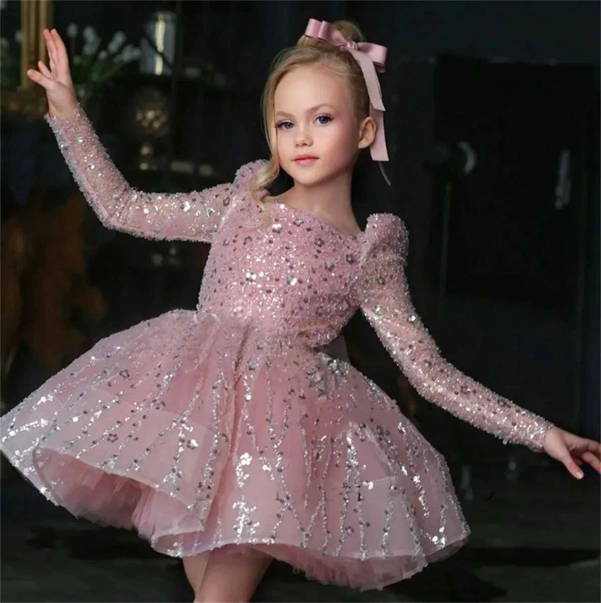 2025 Pink Flower Girl Dress Fluffy Sequin Eucharistic Birthday Party Vestidos Applique Sparkly Wedding Elegant Flower Childs Z250926