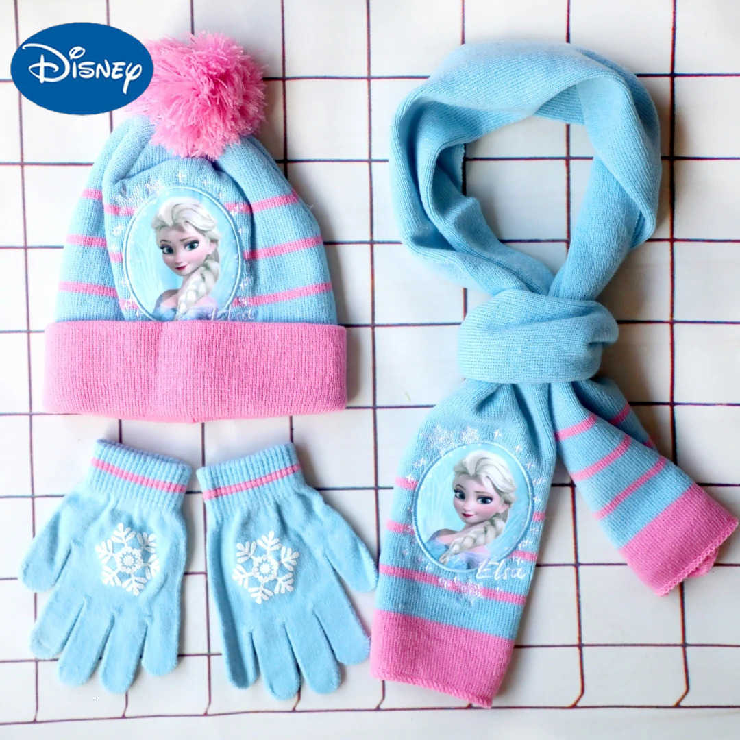Disney 3pcsset 48Years childrens hat Elsa princess Cartoon hat scarf gloves hat knitted sets girl cap keep warm girls headgear H250926