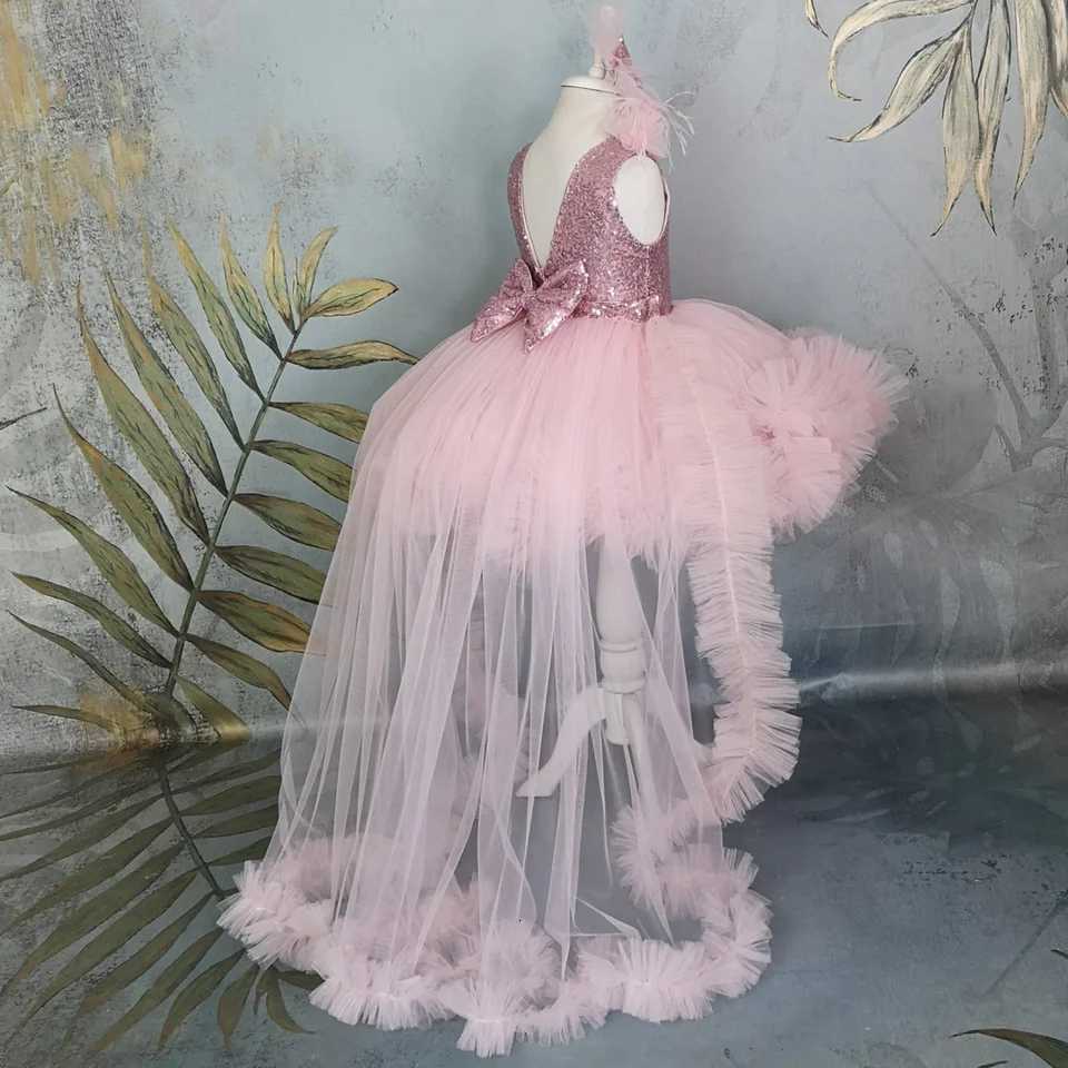 Customized Pink Flower Girl Dress Tulle Puffy Tiered Sequin With Bow And Trailing For Wedding Birthday Prom Party Banquet Gown Z250926