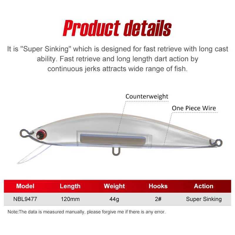 Noeby 120mm 44g Heavy Sinking Minnow Fishing Lure Long Casting Wobbr Artificial Hard Bait for Sea Bass Saltwater Fishing Lure W250926
