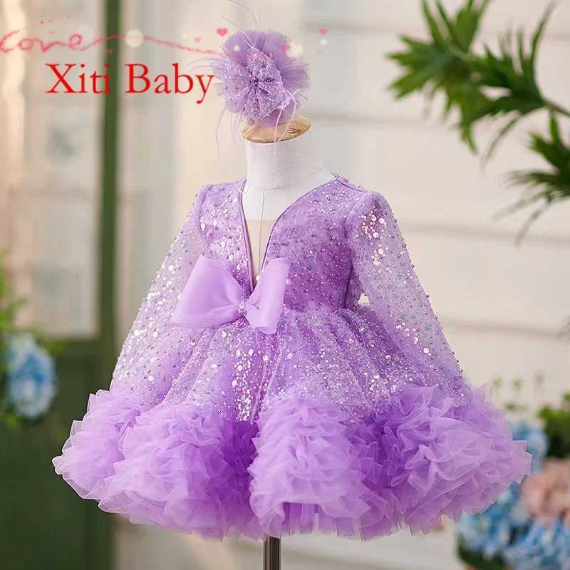 Luxury Child Girl Wedding Dress Bow Purple Party Dresses Beads Tiered Tulle Sleeves Puffy Flower Girl Dresses For Weddings Z250926