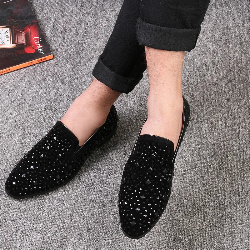 Black Men Dress Shoes Spikes Loafers Shoes Denim Metal Sequins Footwear High Quality Shoes 250922