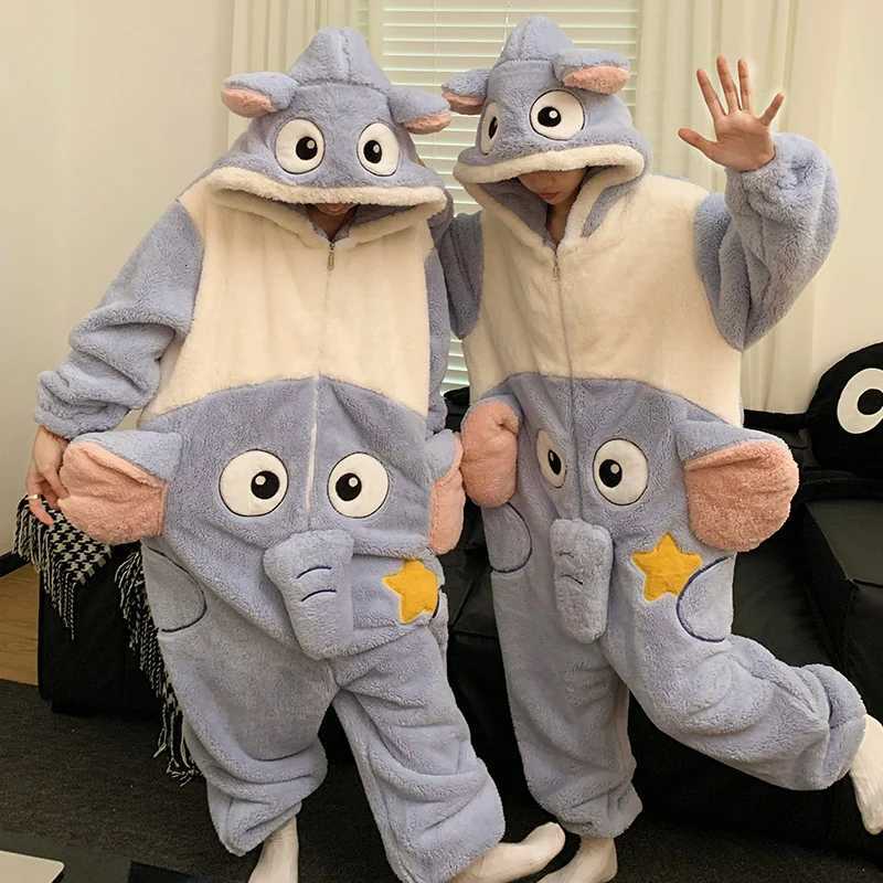 Kigurumis Cute Elephant Winter Thicken Pyjamas Women Men Pajamas Onesie Couples Jumpsuit Hooded Bodysuit Festival Funny Homewear Z250925