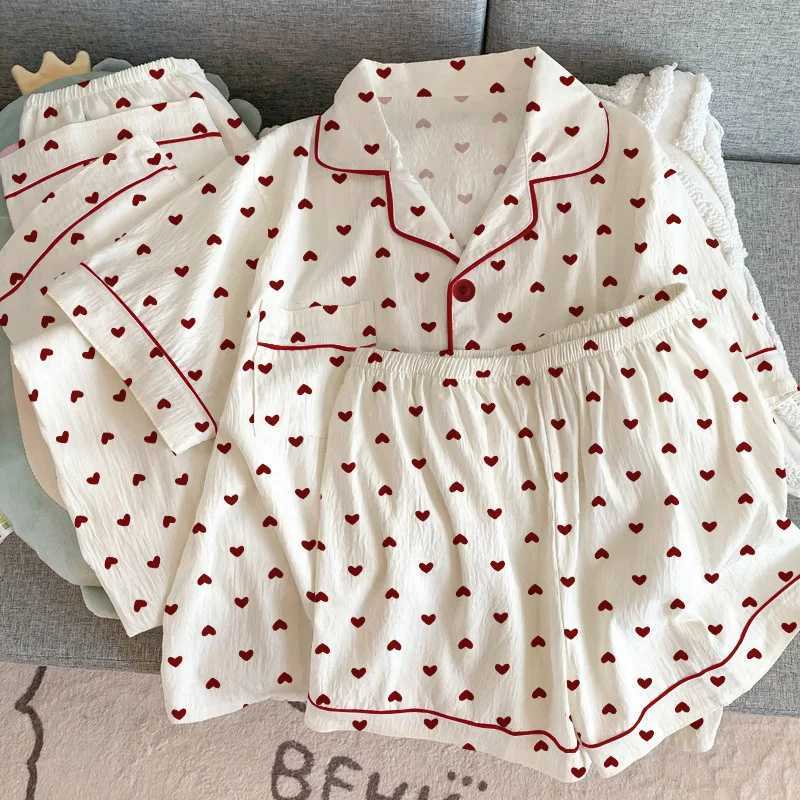 Women Summer Pajamas Threepiece Set Leisure Sleepwear Short Sleeve Lapel Sweet Heart Print Homewear Female Loose Loungewear Z250925