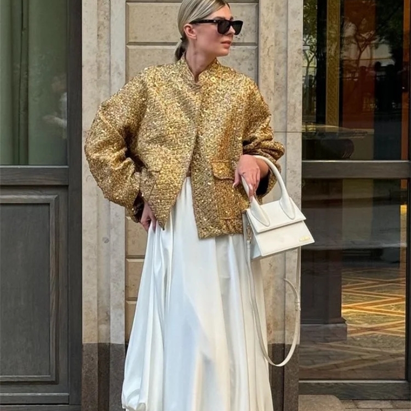 Womens retro gold glitter shiny pocket stand up collar jacket fashionable single breasted crop oversized jacket womens Y2k jacket 241019