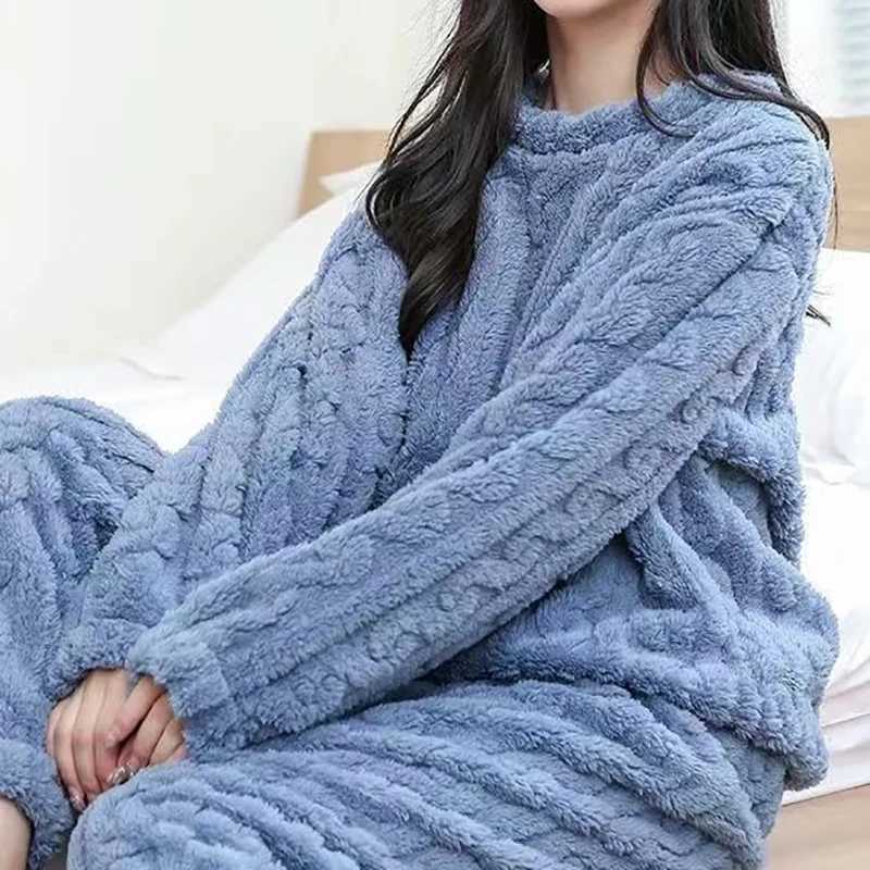 Autumn Winter Women Solid Warm 2 Piece Sets Thicken Velvet Ribbed Fleece Set Pullover And Pants Women Casual Pajama Sets Z250925