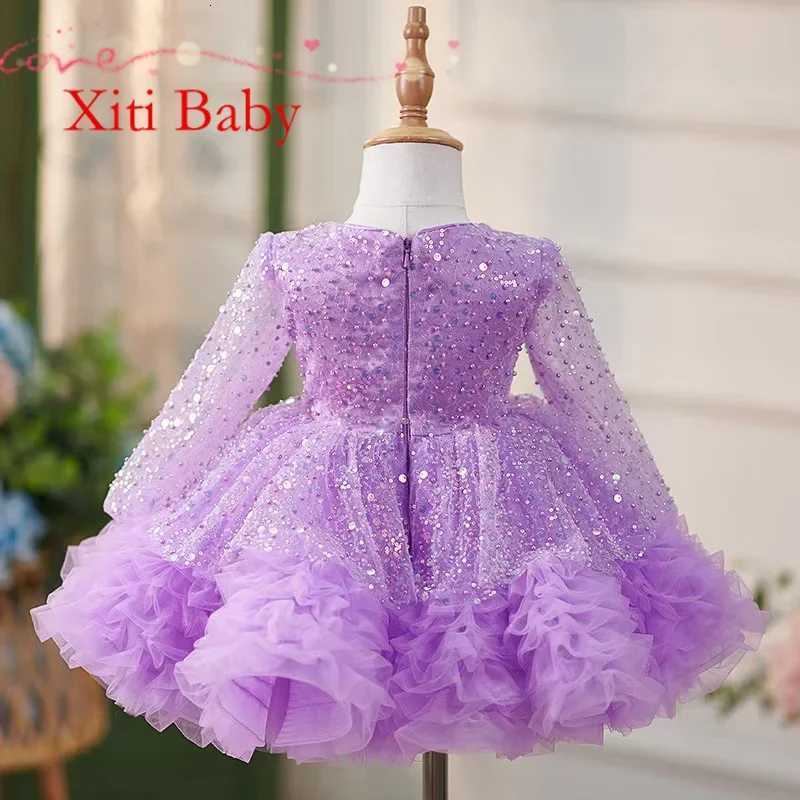 Luxury Child Girl Wedding Dress Bow Purple Party Dresses Beads Tiered Tulle Sleeves Puffy Flower Girl Dresses For Weddings Z250926