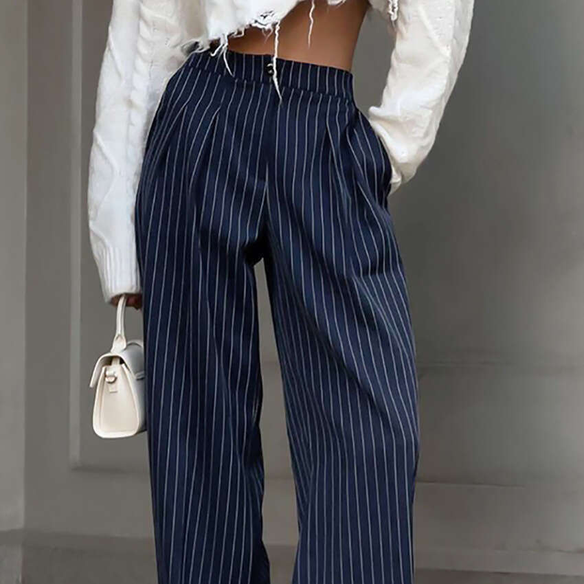 Navy Blue Striped Wide-Leg for Women 2025 Autumn Winter New Design Casual Trousers Draped Long Pants Women's Fashion