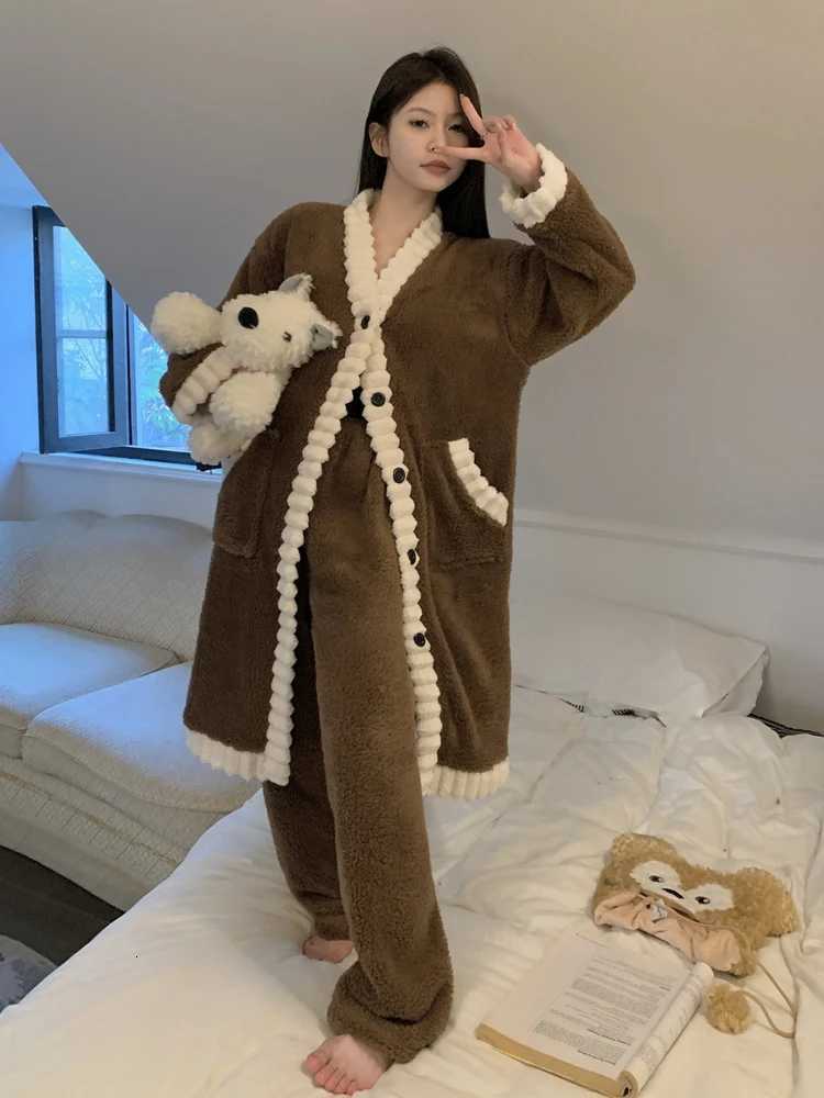 Retro Contrast Color Flannel Pajamas Women Winter Thickened Single Breasted V Neck Mid Length Two Piece Sets Sleepwear Z250925