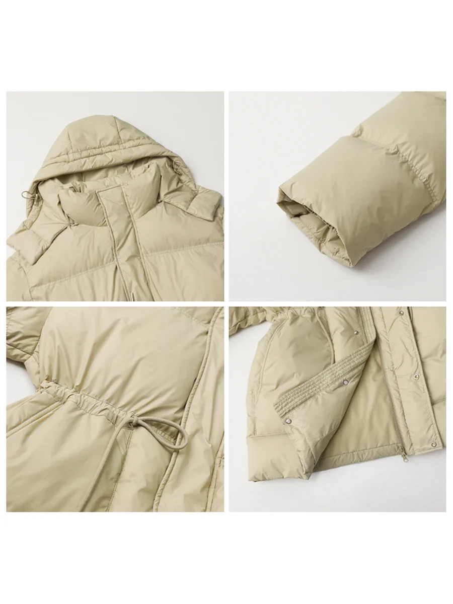 CHIC VEN Women Down Jacket Loose Solid Hooded Waist Puff Female Down Jacket Medium Long 90 White Duck Coat Winter 250917