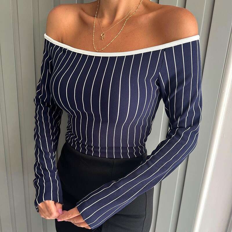 2025 Autumn Hot-Selling New Style Spicy Girl Striped Off-Shoulder Long Sleeve Casual Base Shirt Women's T-Shirt