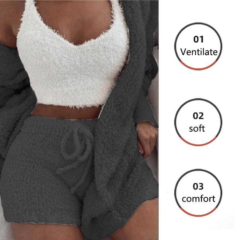 3PCSSet Thickened Warm Sleepwear Winter Women Long Plush LongSleeved Revealing Vest Shorts Student Homewear Solid Fashion Z250925
