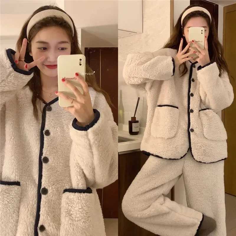 2024 New Coral Fleece Atmosphere Home Tweed Style Winter Thickened Simple Sleepwear Suit Home Clothes For Men And Women Z250925