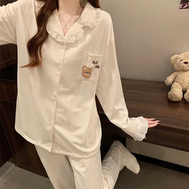 Women Spring Pajamas Set Korean Loose Sleepwear Long Sleeve Lace Lapel Sweet Cartoon Bear Homewear Female Casual Loungewear Z250925
