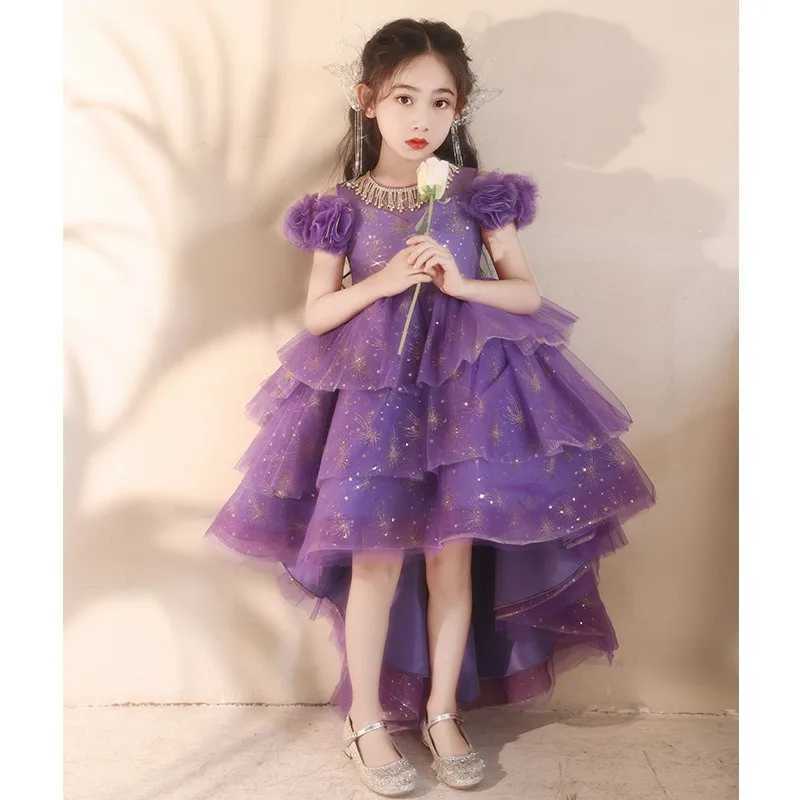 New girl purple dress sweet front short back long sweet princess dress host flower girl wedding piano performance dress Z250926