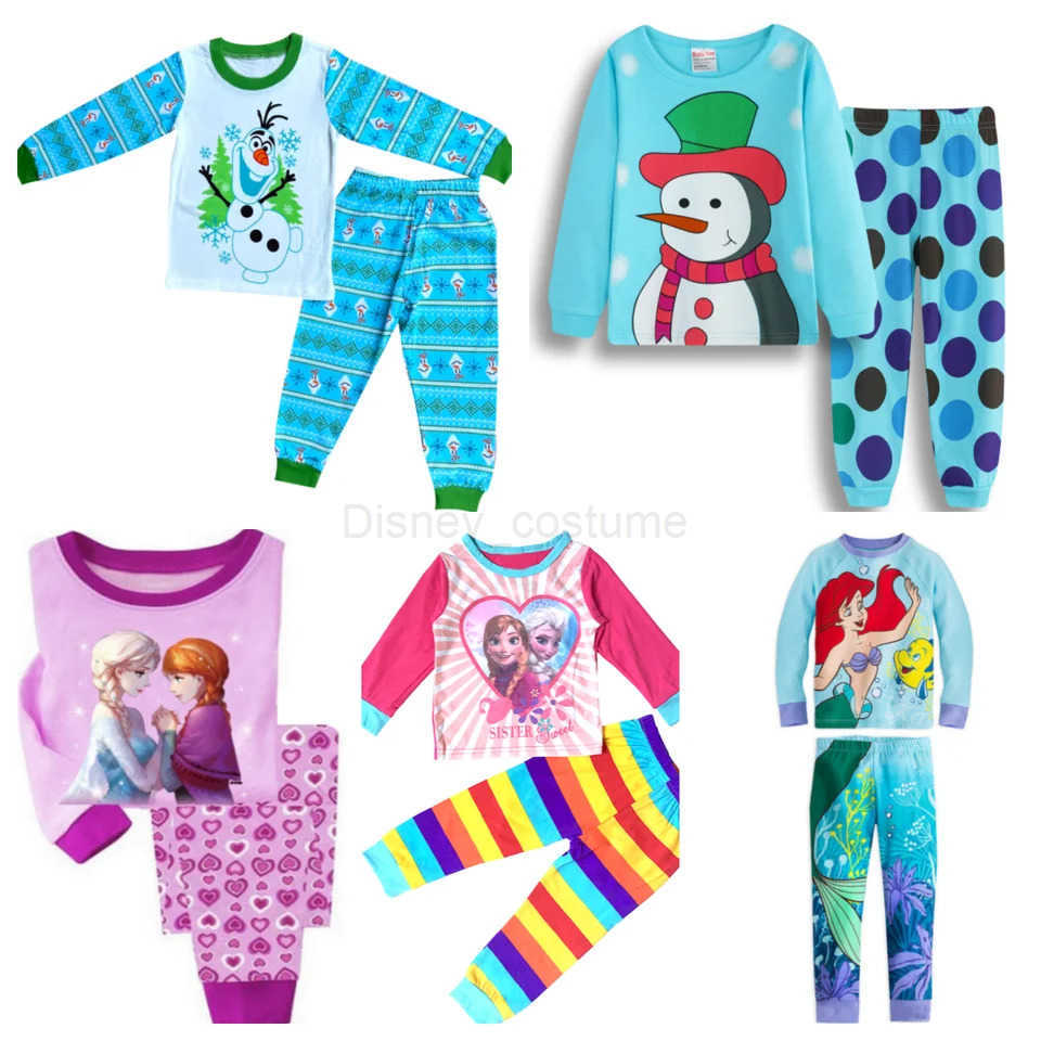 Disney Childrens Pajama Set Boys and Girls Full Print Cotton Mermaid Cartoon Pajama 2ps Comfortable Long Sleeve Home suit H250926