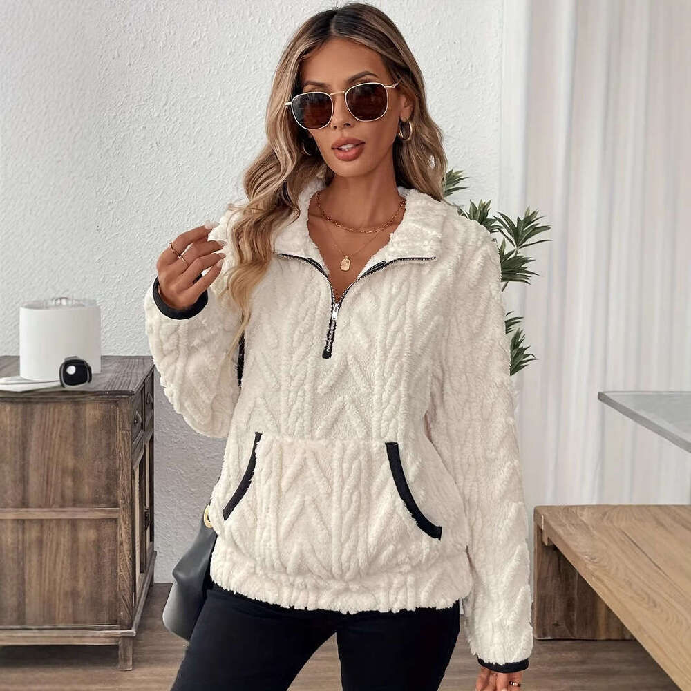 Cross-Border Autumn Winter New European American Lapel Small Fragrance Style Lamb Wool Short Sweatshirt S8070