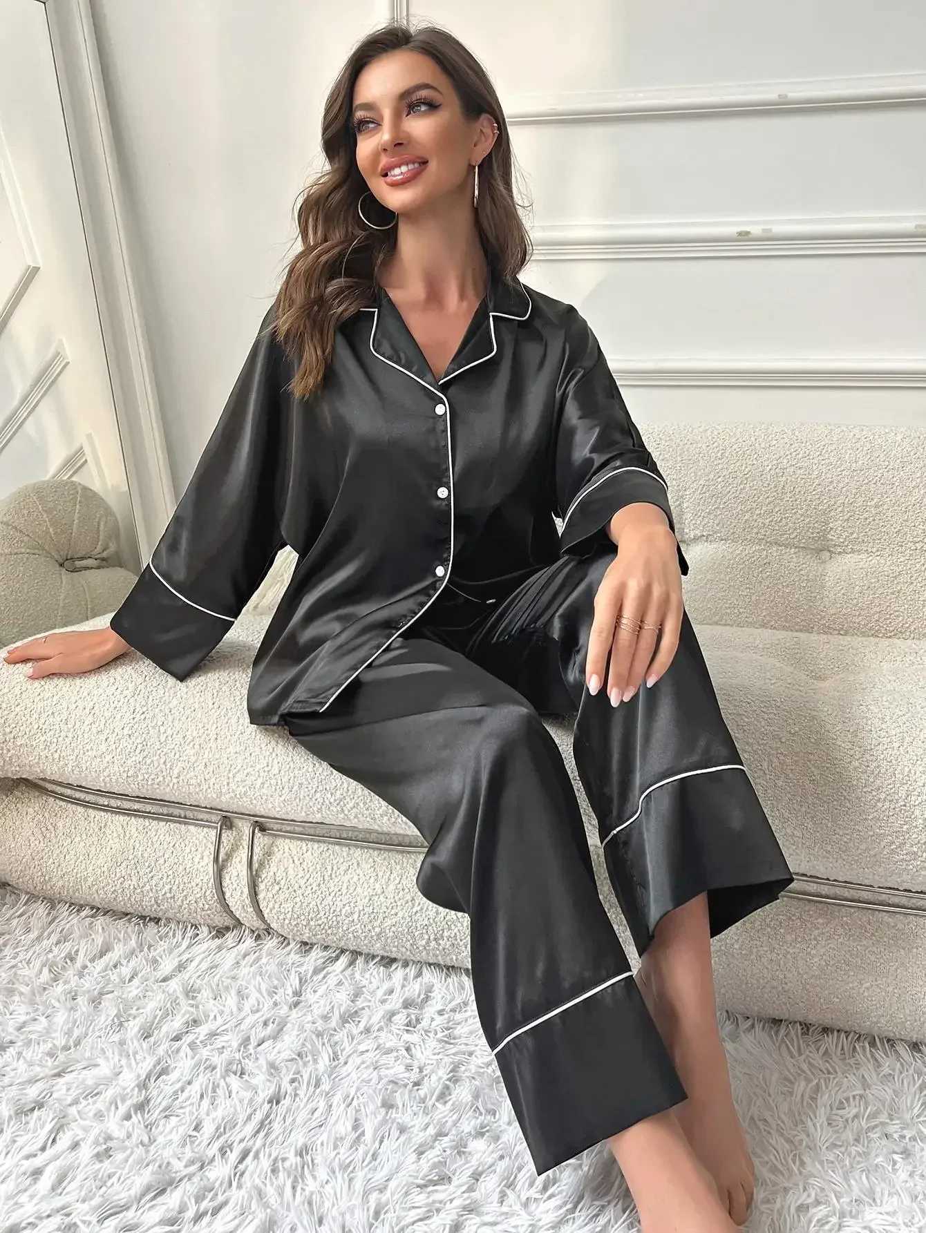 Silk Satin Womens Pajamas Set Notched Collar Top Wide Leg Long Pants 2 Pieces Sleepwear Female Loungewear Like Leisure Suit Z250925
