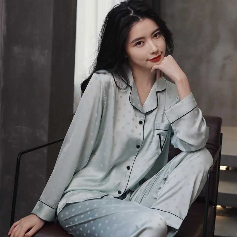 Jacquard Dot Women Sleepwear 2 Pieces Pajamas Set Satin Nightwear Casual Lounge Wear Autumn New Nightgown Pyjamas Homewear Z250925