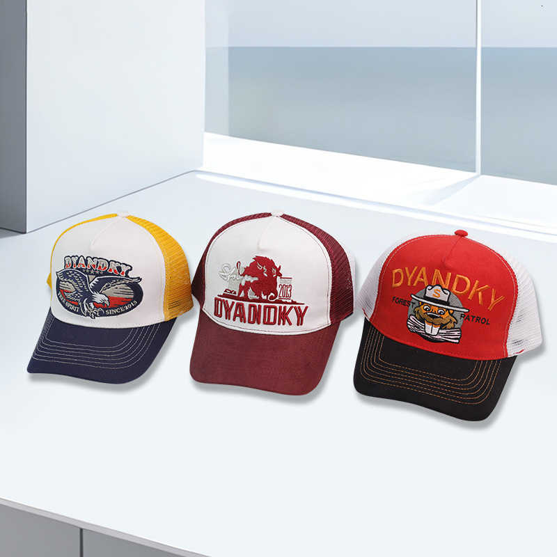 Baseball cap with European style embroidery and multi-color patches, mesh netting on the front, made of 100% cotton, absorbs sweat and is breathable.