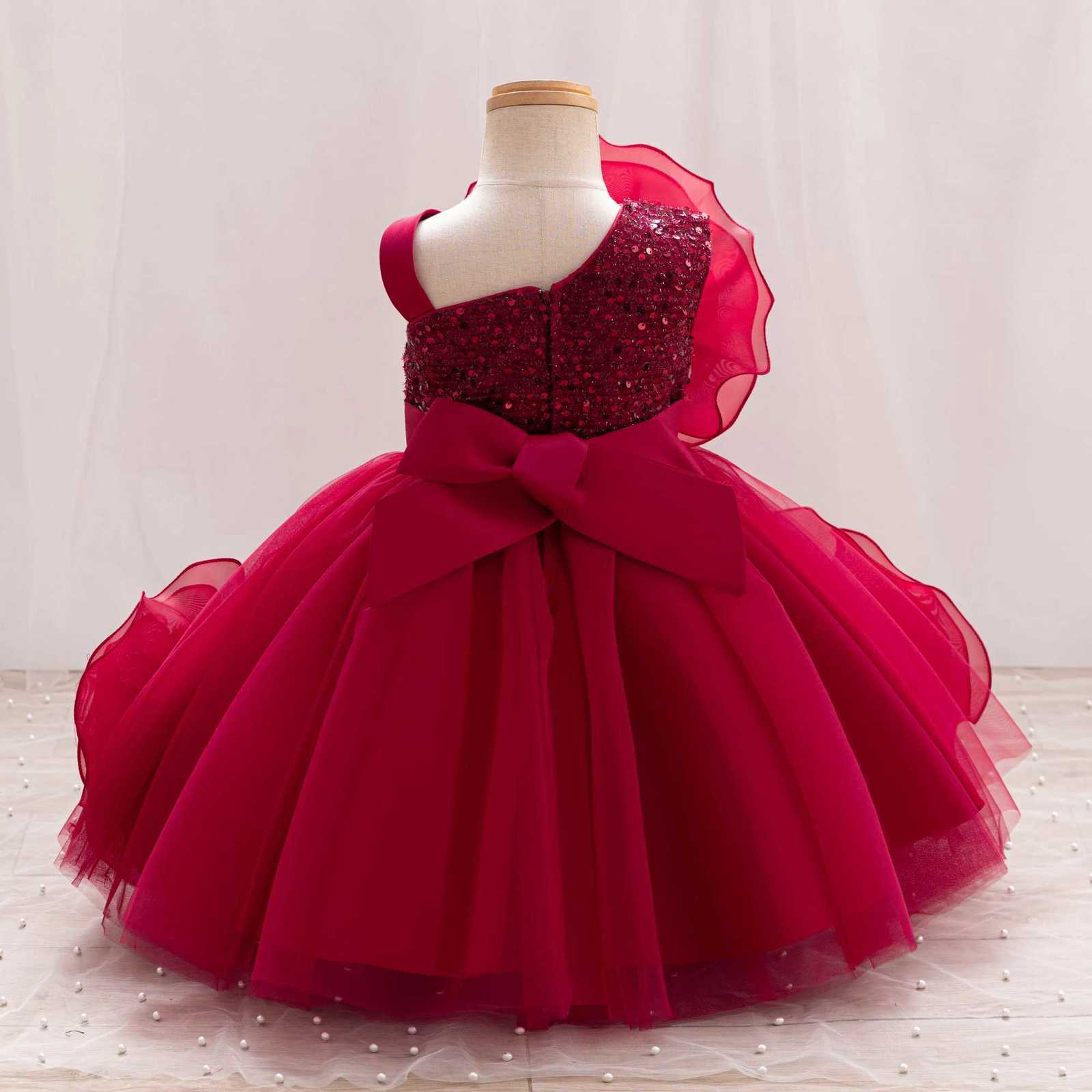 Toddler baby girl dress one year old birthday party dress sequined oneshoulder cake skirt red christmas dress Z250926