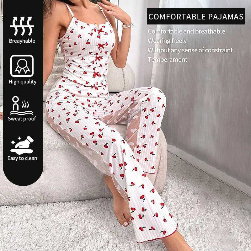 2Piece Womens Sexy Transparent Mesh Lace Set with Ribbed Printed Strap Top and Pants Home Clothes Pajama Set Z250925