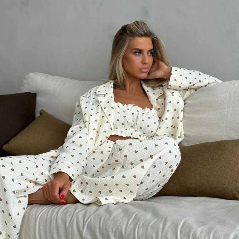 Printed Cotton Womens Pajama Set Strapless Pajamas Long Sleeve Pajamas Lapel Pajamas Long Pants Pajamas 3 Piece Suit Z250925