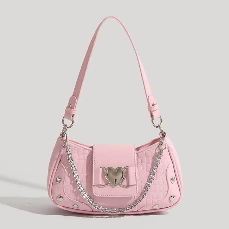 Womans Bags Pink Single Shoulder Bag Metal Chain Heart Decoration Y2K Style Underarm Bag Loveliness Lady Fashion Handbags Z250926