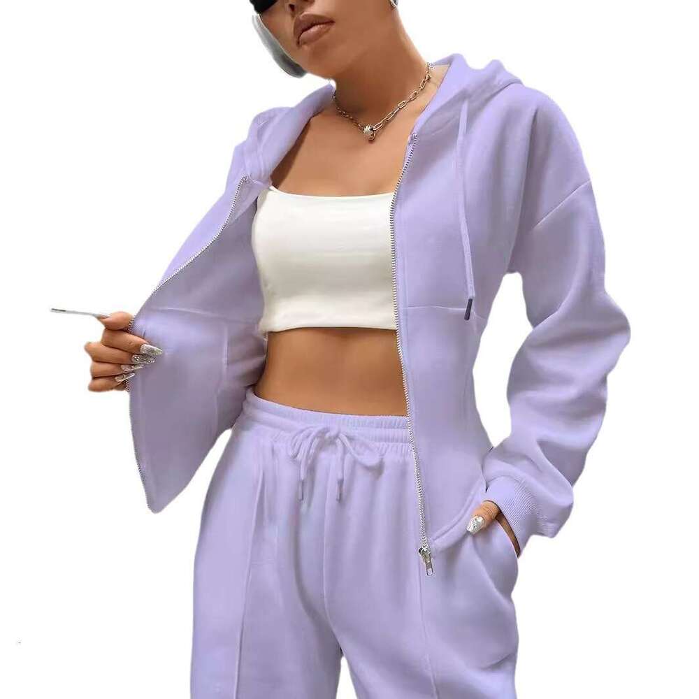 2025 Spring Autumn New Set European and American Cross-Border Trendy Hooded Cardigan Slim Fit Casual Two-Piece Suit for Women