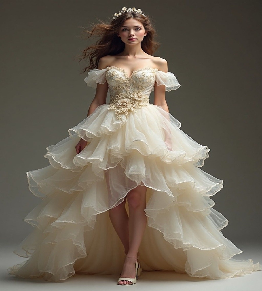 Whimsical Tiered Hi Low Wedding Dress Fairy Lace Bohemian Bridal Dress 2025 Off Shoulder Beach Garden Bride Dress Chic Robe De Mariee hochzeitskleid