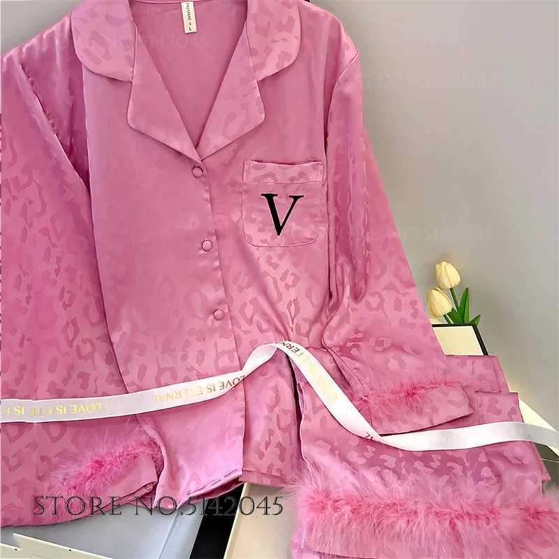 Female 2PCS Pajamas Set Sleepwear Long Sleeve Trouser Pijamas Suit with Feather Sexy Leopard Pyjama Loungewear Ice Silk Homewear Z250925