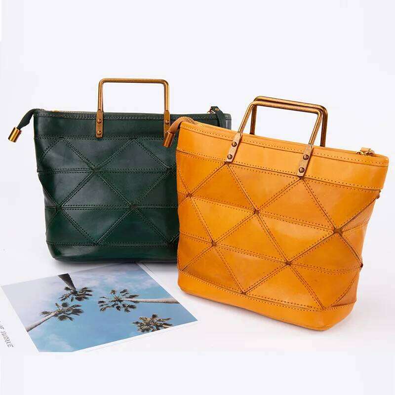 Women's New Fashion Texture Genuine Leather Triangle Splicing Handbag Metal Handle Shoulder Tote Bag For Business Office Daily Suotong0917