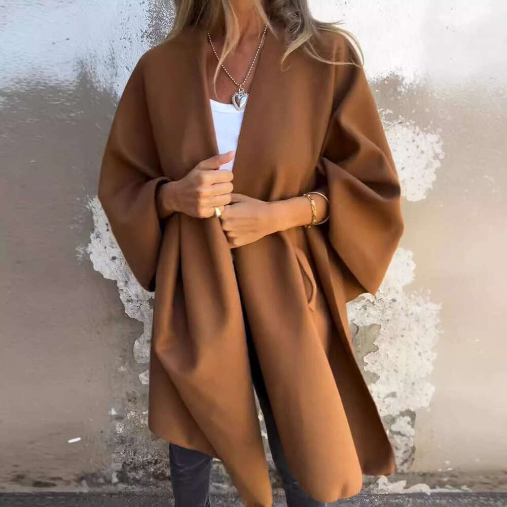Cross-Border European and American Autumn Winter New Fashion Shawl Slimming Warm Solid Color Versatile Cape Coat
