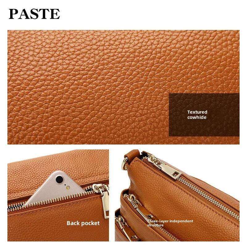 Spring Summer New Women's Genuine Leather Multi-zip Layered Single Shoulder Slant Crossbody Bag Trendy Handbag