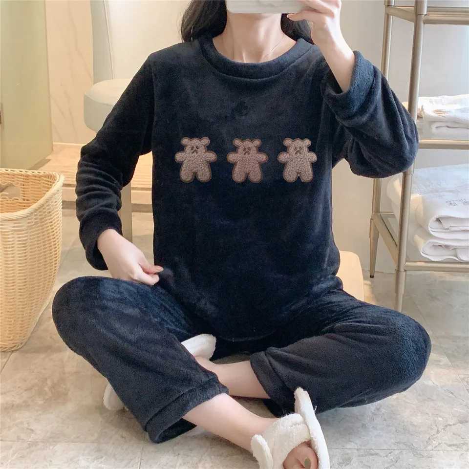 Winter New Flannel Warm Pajamas for Wome Thickening Round Neck Long Sleeve Outfits for Women 2 Piece Set Cute Printing Home Wear Z250925