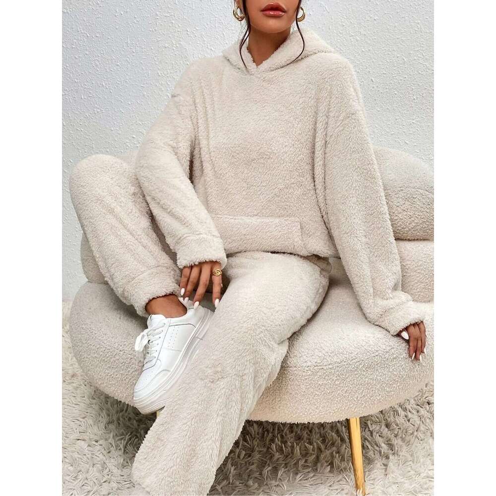 Cross-Border Autumn Winter New European and American Casual Women's Clothing Solid Color Plush Hooded Sleeve Long Pants Set for Women