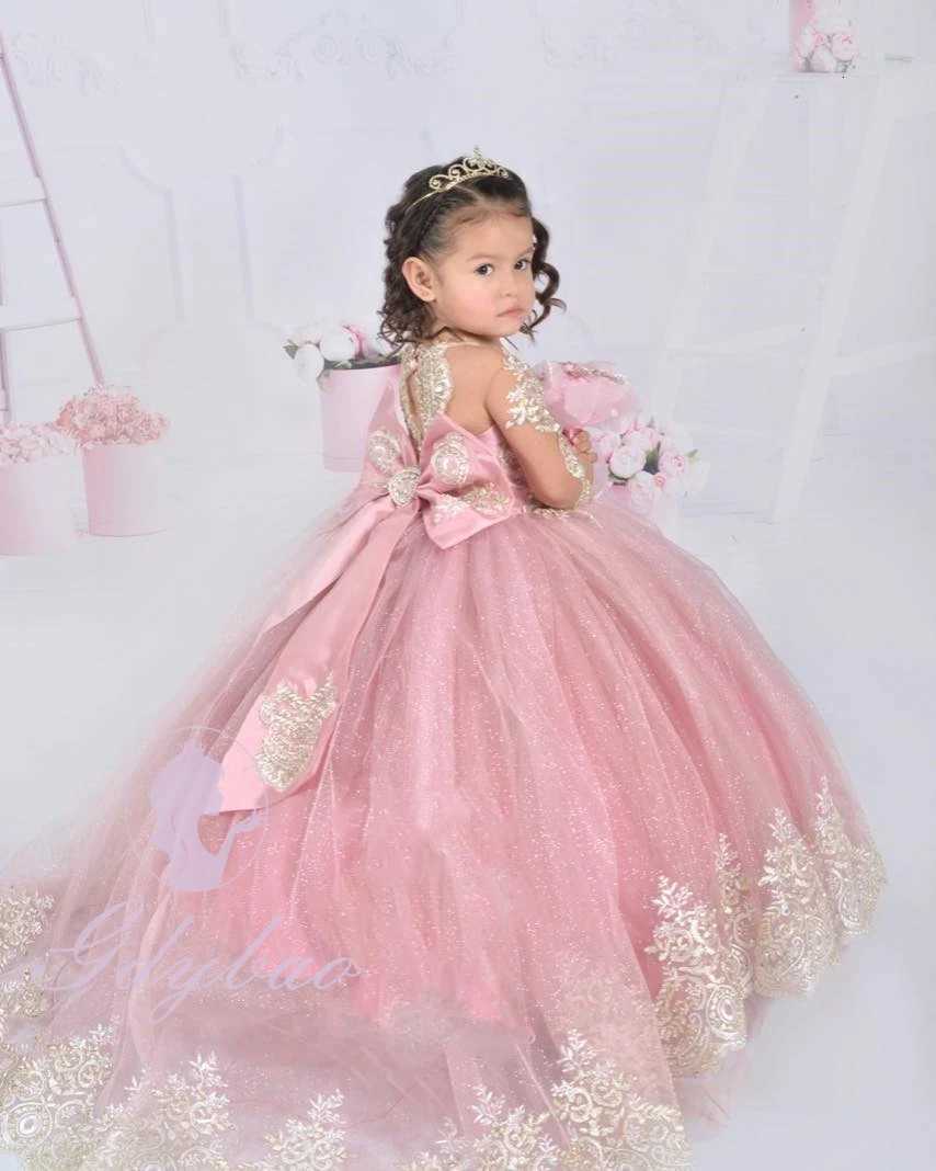 Customized Pink Flower Girl Dresses For Wedding Gold Appliques Floor Length Kids Birthday Party First Communion Gown Z250926